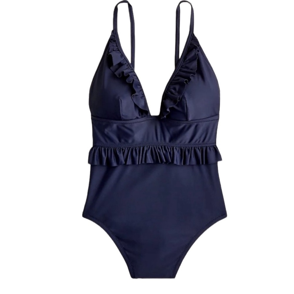 J. Crew Women’s size 10 Ruffle deep-V one-piece swimsuit Navy Blue